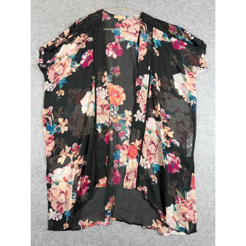 Band of Gypsies Kimono Robe Womens XS Black Floral Excellent Sheer Open Front